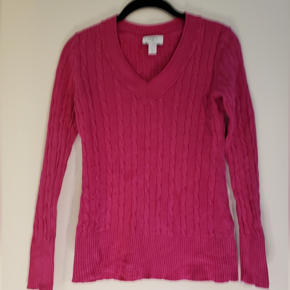 Loft Pink Cable Knit V-Neck Sweater